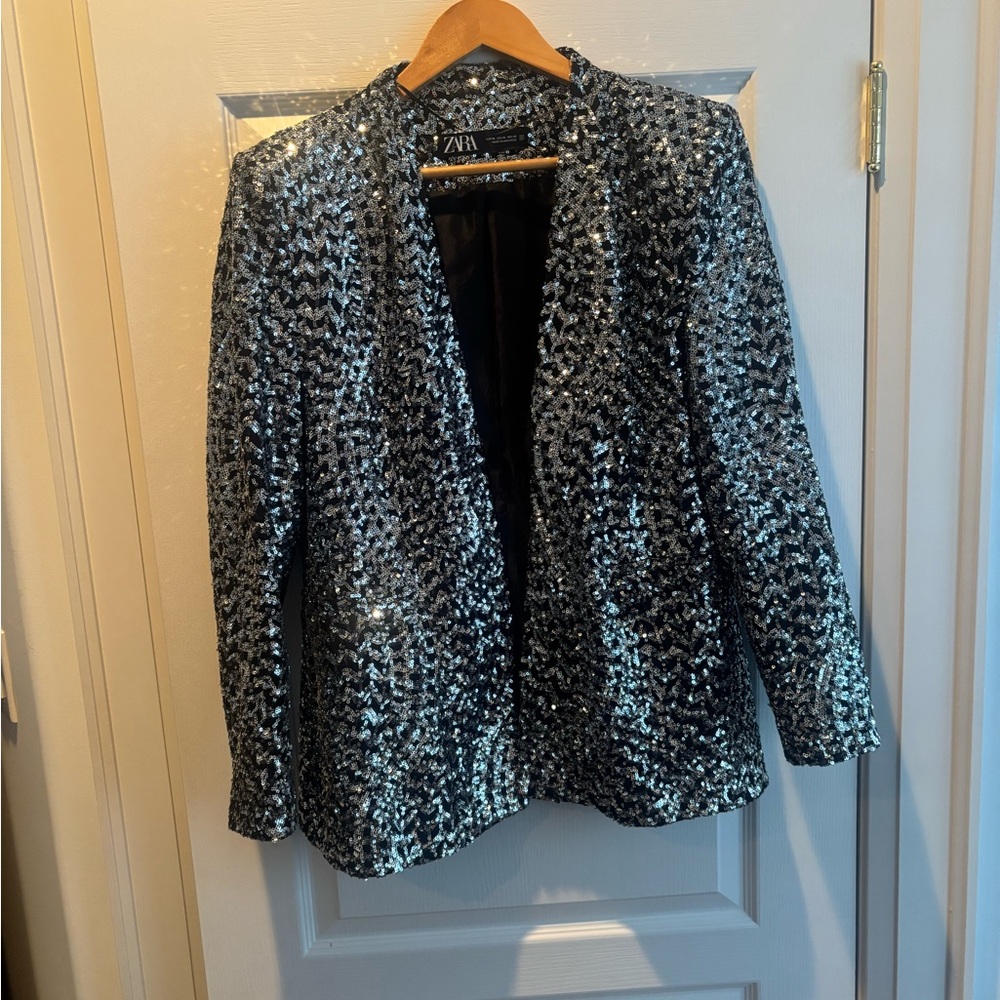 Zara Sequin Blazer in Silver and Black